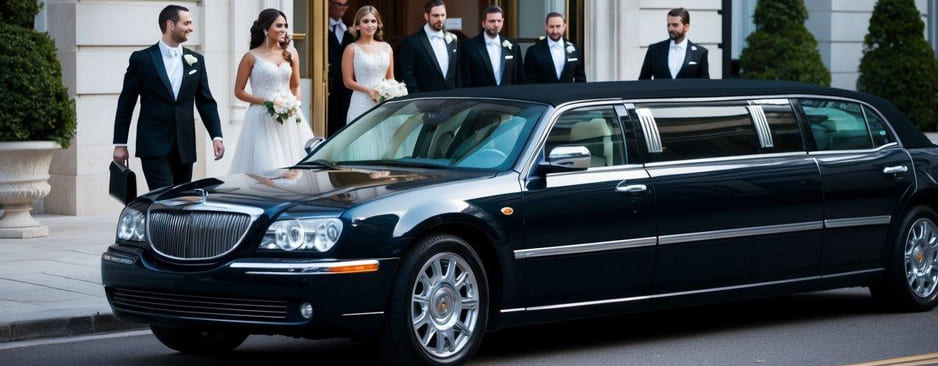 A sleek limousine pulls up to a grand hotel entrance, a driver opens the door, and a group of elegantly dressed passengers step out