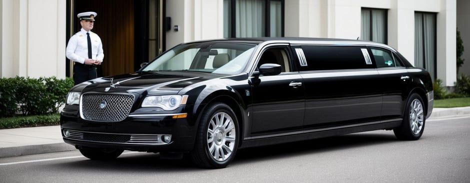 A sleek black limousine parked in front of a luxury hotel, with a chauffeur standing by the open door, ready to assist passengers