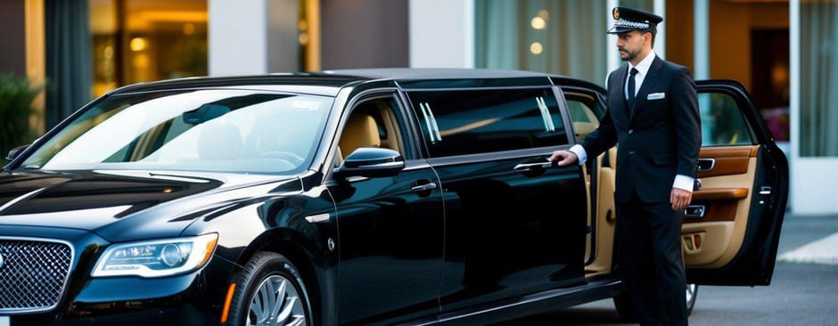 A sleek black limousine parked outside a luxury hotel, with a chauffeur standing by the open door, ready to assist passengers