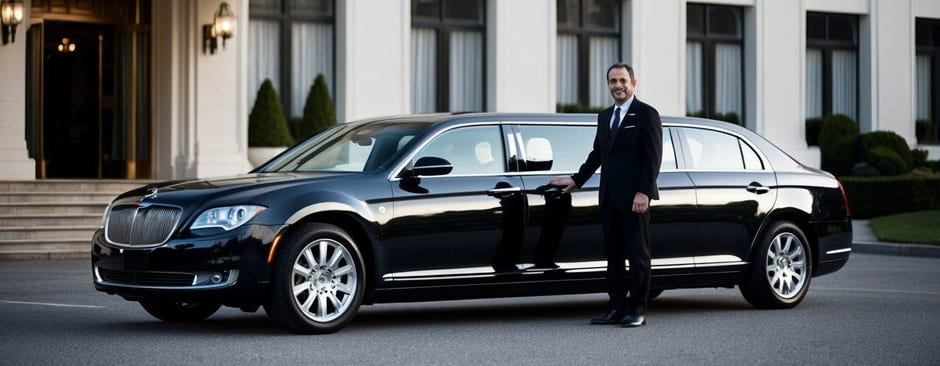 A sleek limousine parked in front of a grand hotel, with a chauffeur standing by the open door, ready to assist passengers